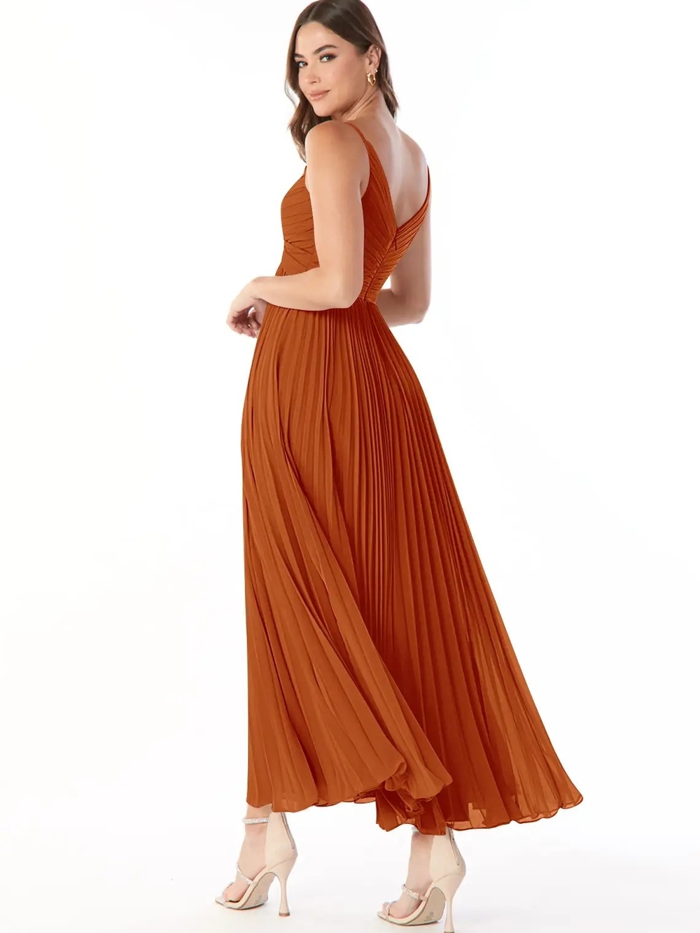 Azazie Pleated V-Back Maxi Dress in Rust